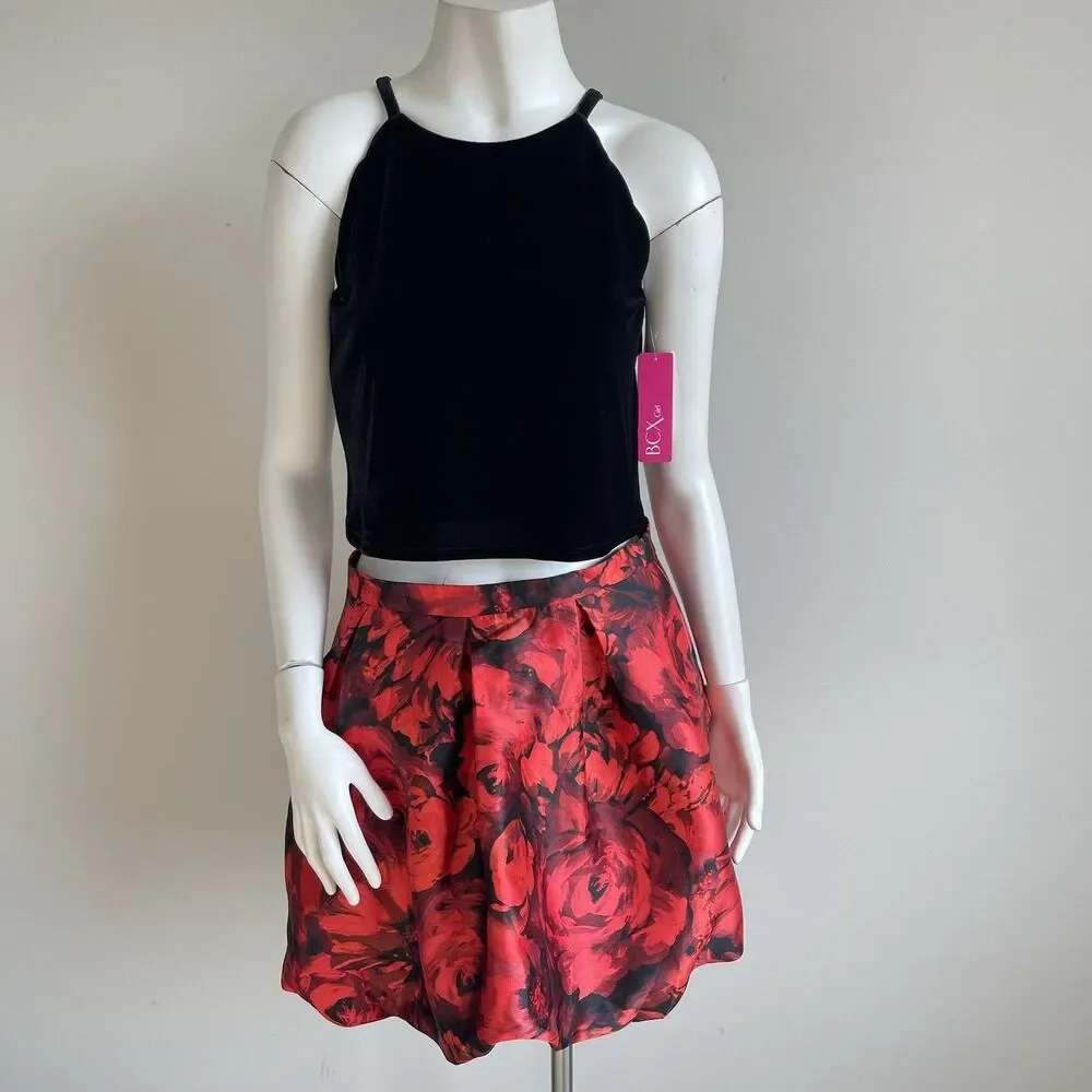 BCX Big Girls Size 16 2pc Scalloped Velvet Top & Floral Bubble Skirt Set Holiday